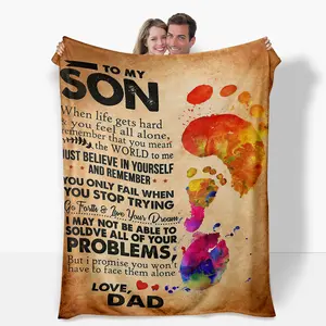 "To My Son" Flannel Blanket ​   with heartfelt message & colorful footprints. This soft father son bed blanket gives cozy comfort, perfect for all seasons, room decor, and naps.