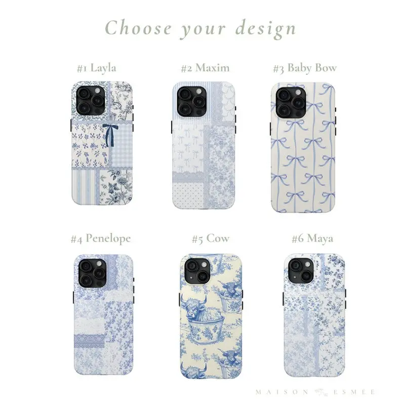 Pastel Blue Patchwork Rubber Smartphone Casing - Toile, Bow, Cow Print, Floral, Lace Aesthetic, Slim, Durable Shockproof Glossy Wireless Accessory with Resistance for iPhone 17 Pro Max Plus/16/15/14/13/12/11, Cellphone Cases