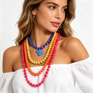 Vibrant Layered Beaded Necklace with Blue Cactus Pendant | 4-Tier Colorful Summer Statement Necklace for Women | Boho Beach Western Jewelry