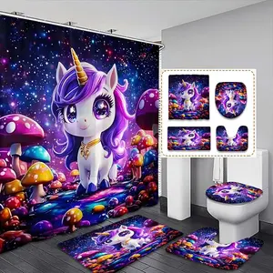 Christmas Unicorn Bath Curtain Set with Hooks, Shower Curtain, Includes Bathroom Mat, Toilet Lid Cover, U-Shaped Pad, Ideal Gift for Family & Friends, Bathroom Accessory, Home Goods
