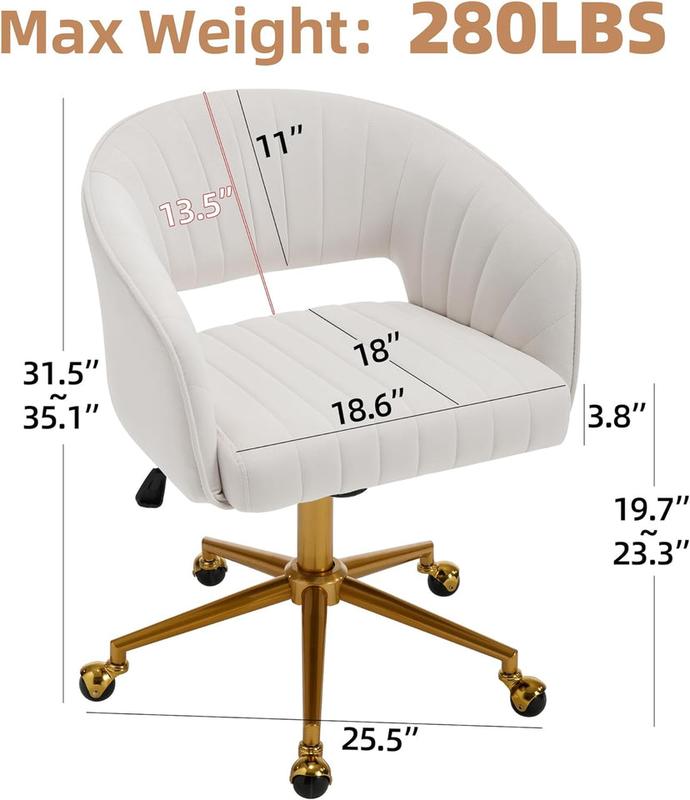 Home Office Desk Chairs, Modern Velvet Rolling Chair, Height Adjustable Swivel Vanity Chair with Golden Base, Ergonomic Chair for Vanity Study, Living Room Computer Room, Beige