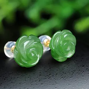 Natural Hetian Jade Earrings for Women — Healing Crystal Jewelry - Hand-Carved Rose-Shaped Simple and Delicate Earrings - Green Earrings
