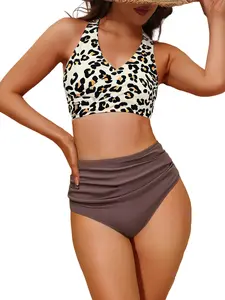 Women's High Waist Leopard Print Bikini Bottoms, Beach Pool Vacation Casual Swimsuit, Summer Fashion Swimwear for Women, Swimwear Top