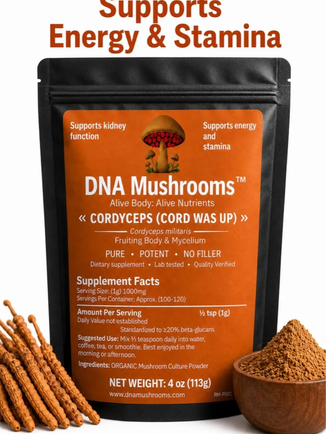 Cordycep Mushrooms SupportsNatural Energy, Stamina, Joint, muscle and circulation, endurance. health daily performance without stimulants, Great for active lifestyle and daily wellness routines