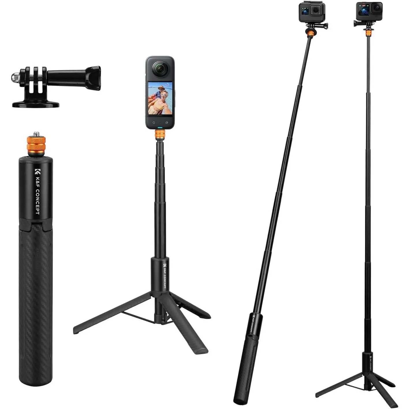 【DealsForYouDays】K&F Concept Invisible Adjustable Aluminium Selfie Stick Tripod Stand, 120cm/47.2in Portable Compact Extension Pole, 1/4" Monopod with GoPro Adapter for Insta360 X5/X4/X3, GoPro Hero 13/12/11, DJI OSMO 360 Pocket 3 Camera Accessories