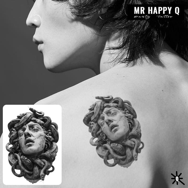 Temporary Tattoo Sticker Greek Mythology Theme Medusa Snake Hair Design Gothic Art Magic Tattoo Realistic Skin Waterproof Neck Arm Unisex Party Decoration
