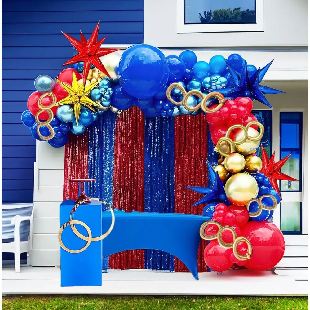 130-Piece Red, Blue, Gold Balloon Garland Arch Kit with Chrome Blue Foil Starburst, DIY Long Balloons - Festive Party Supplies for Kid Gamers, Superhero Themed Parties, Cartoon Hedgehog Room Decor