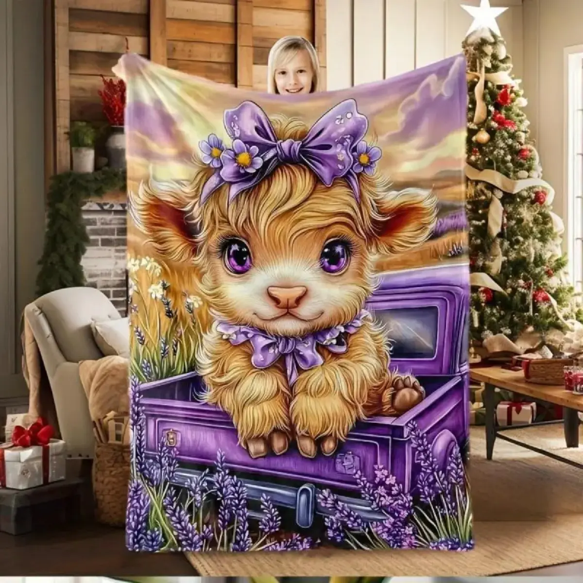 Purple Highland Cow Truck Blanket - 280GSM Flannel, Soft, Stain-Resistant, Breathable Lightweight Multi-Functional Throw with Cow Print Animal Artwork, Suitable for Bed, Sofa, Outdoor Use, Highland Cow Blanket, Cow Print Blankets
