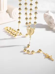 Fashion Mary Mother Round Bead Necklace with 6mm Jesus Cross Pendant, Sacred Jewelry Gift for Women, All Season Wear, Dainty Cross Necklace