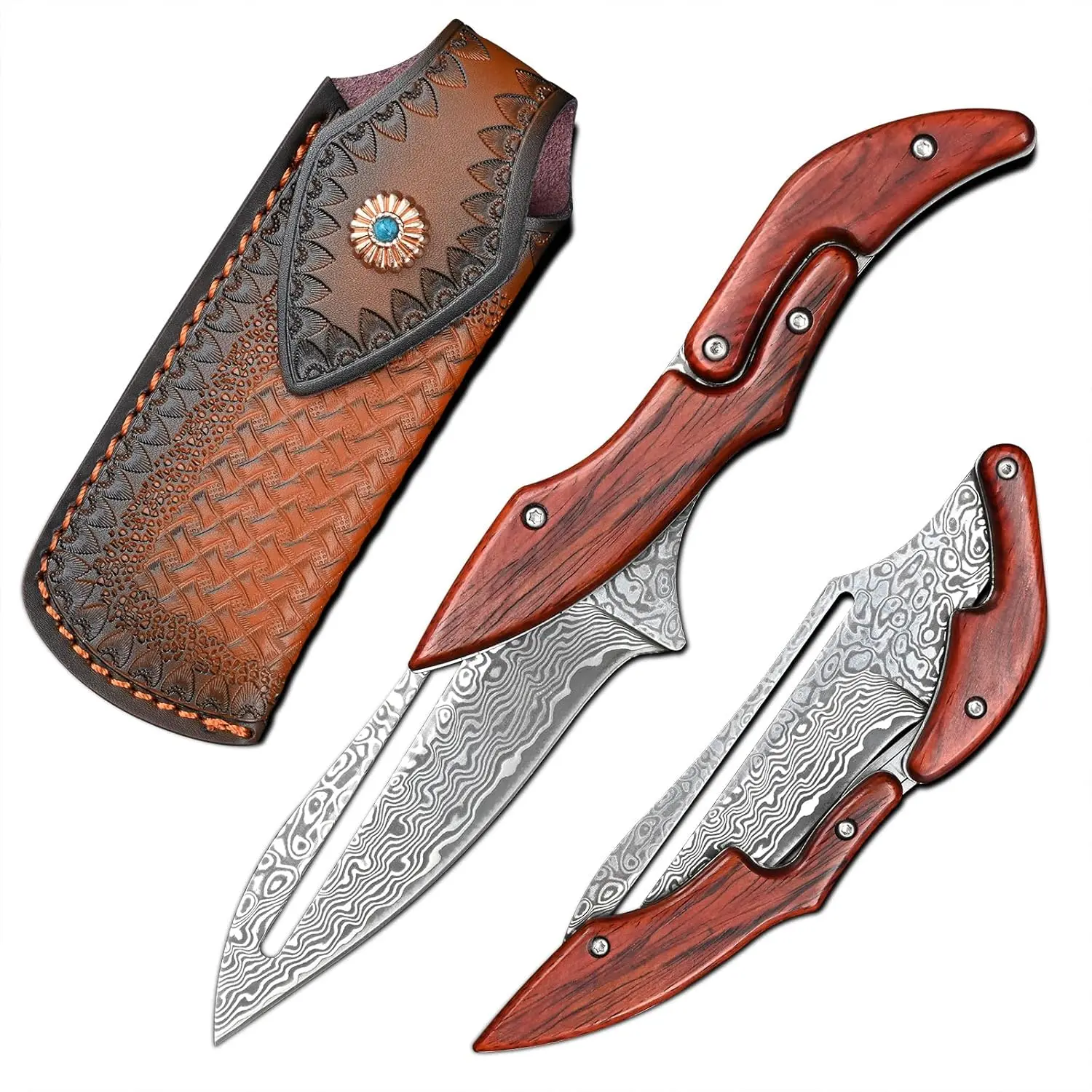 Handcrafted Damascus Steel Curved Blade Folding Pocket Knife, 190mm Compact Yellow Sandalwood Handle with Mechanical Lock, Outdoor Camping Hunting Survival Tool