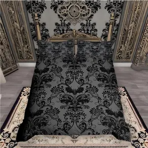 Adults Black Damask Antique Victorian Baroque Duvet Cover,Exotic Vintage Floral Comforter Cover,Gothic Bat Quilt Cover,No Comforter