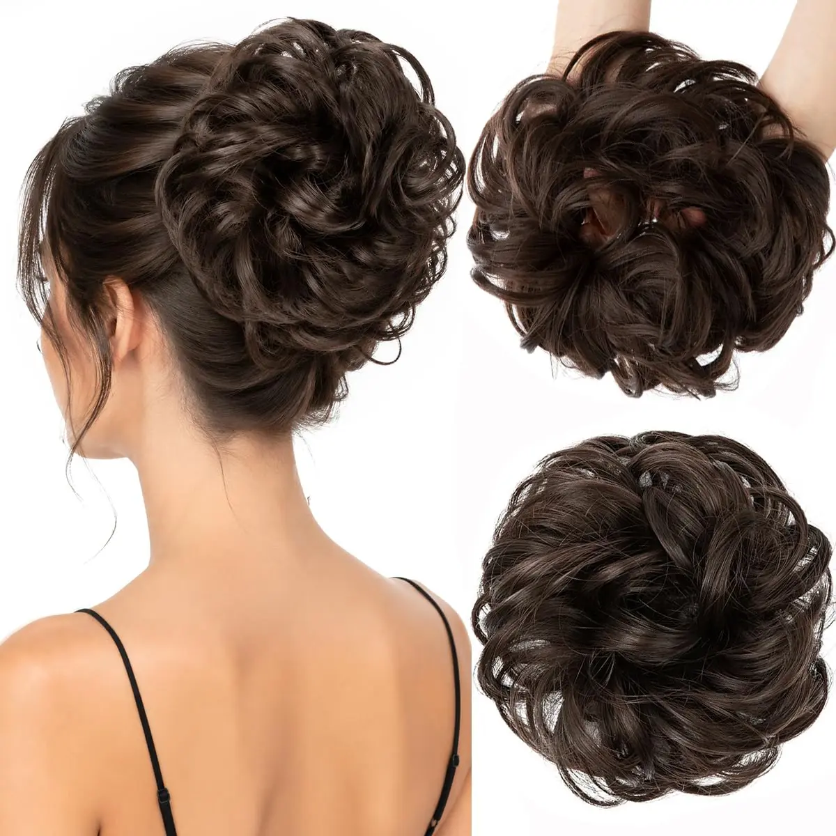 Elastic Messy Bun Hair Piece Wavy Curly Synthetic Chignon Extensions No Clip Natural Fluffy Hair Scrunchies for Women Quick Easy Updo Hair Extensions for Daily & Party