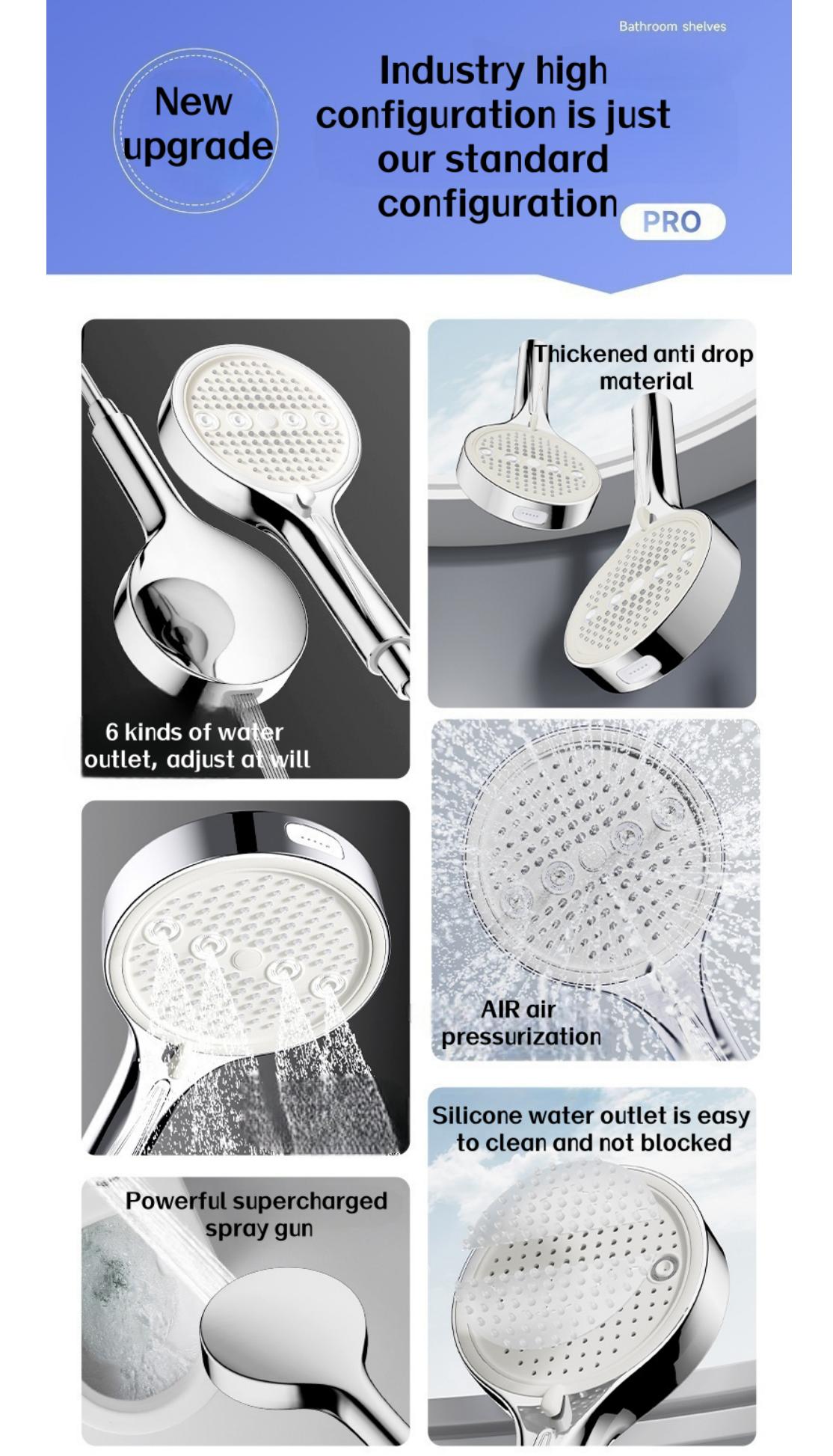 High-Pressure Handheld Shower Head, 6 Spray Mode Patterns, Water-Saving Design, Bathroom Shower Head, Fixed Shower Head, Bathroom Additions, Easy to Install, Durable, Silvery,Black Shower Head for Shower Use Solely For shower use solely