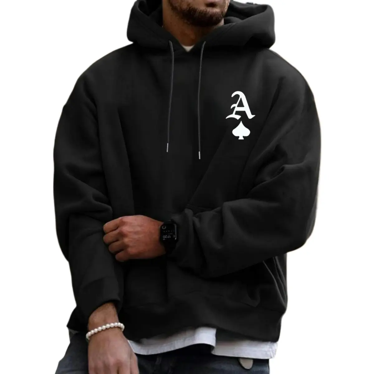 Men's Casual Oversized Long-Sleeve Hooded Pullover Sweatshirt - Lightweight Breathable Polyester, Front Pocket, Machine Washable for 2000s Streetwear (Spring, Autumn) Black Menswear Top, Loose