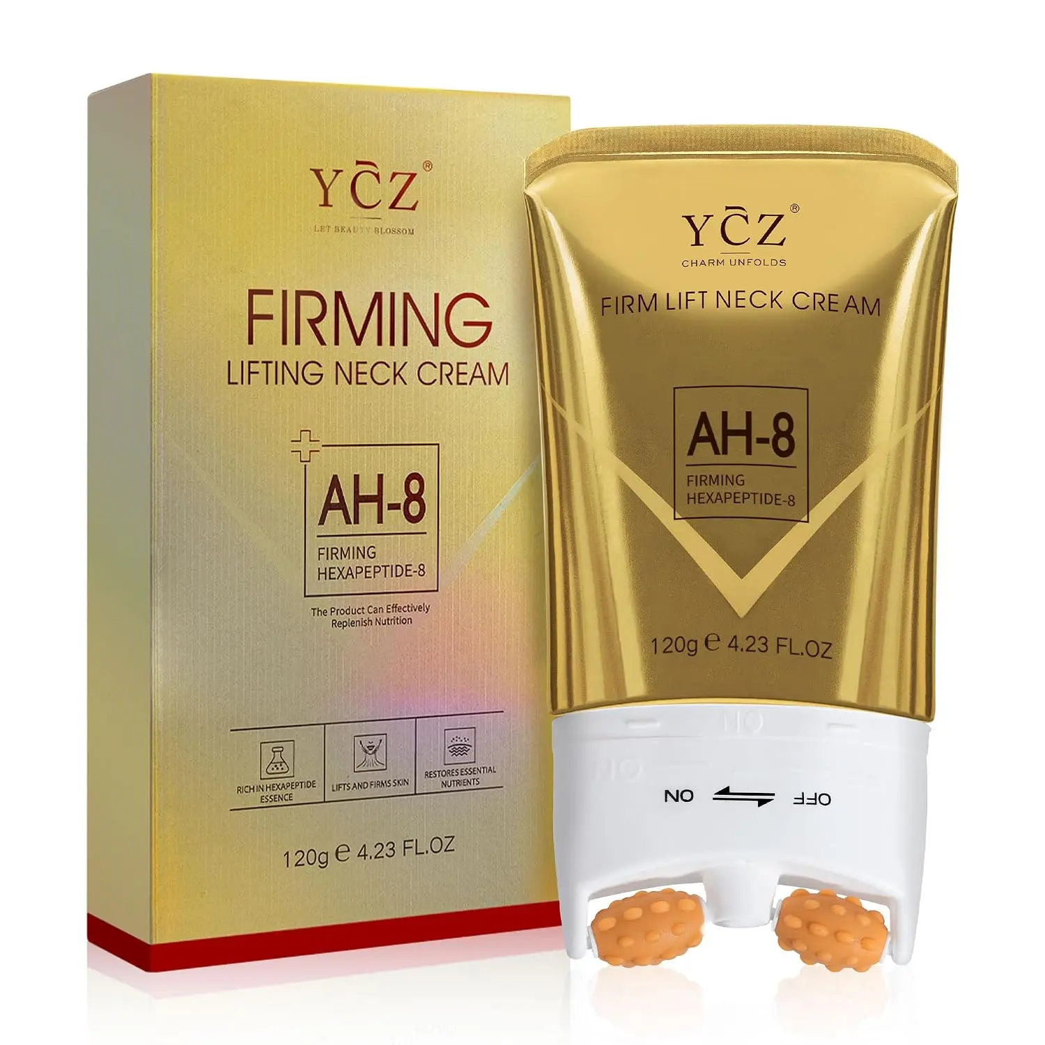 Ycz AH-8 Neck Cream for Tightening and Firming, Reduce Wrinkles, 4.23 Fl Oz | Built-in Roller Design, Infused with Collagen, Anti-Aging, Even Skin Tone, Reduce Pigmentation and Dullness, Soothes Skin