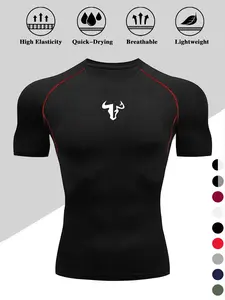 Men's Compression T-Shirt, Quick-Dry Breathable High Elasticity, Bull Print, Sporty Fit, Ideal for Fitness, Running, Basketball, Soccer, Activewear, Clothing