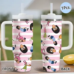 PIKPAKA Cartoon Bob's Burgers Vacuum Flasks 40oz Stainless Steel Funny Dad Tumbler with Handle & Straw, Vacuum Insulated Travel Mug Keeps Drinks Cold Up to 12 Hours, Leak-Resistant Cup for Iced Coffee, Water, Office, Gym or Travel