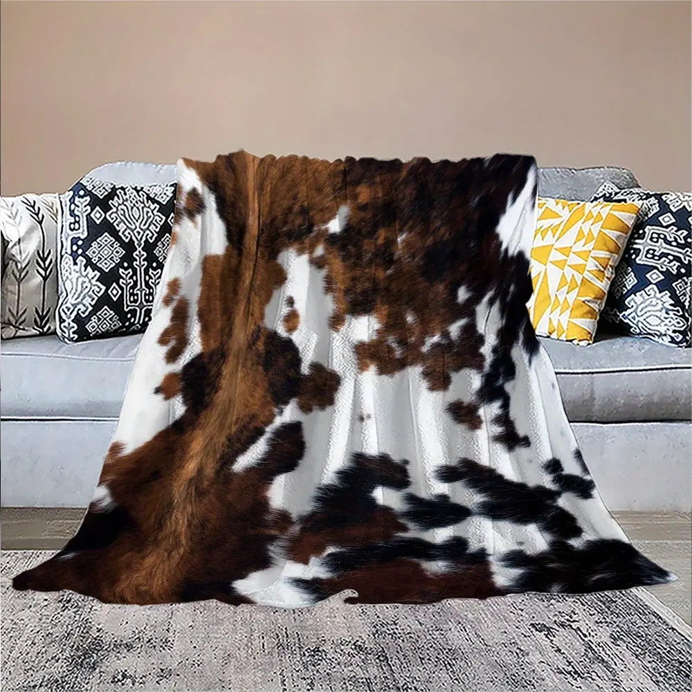 Cow Print Throw Blanket, Western Cowboy Blanket with Realistic Cowhide Pattern, Cozy Fleece Blanket for Couch Bed Sofa, Farmhouse Rustic Room Decor, Country Style Gift