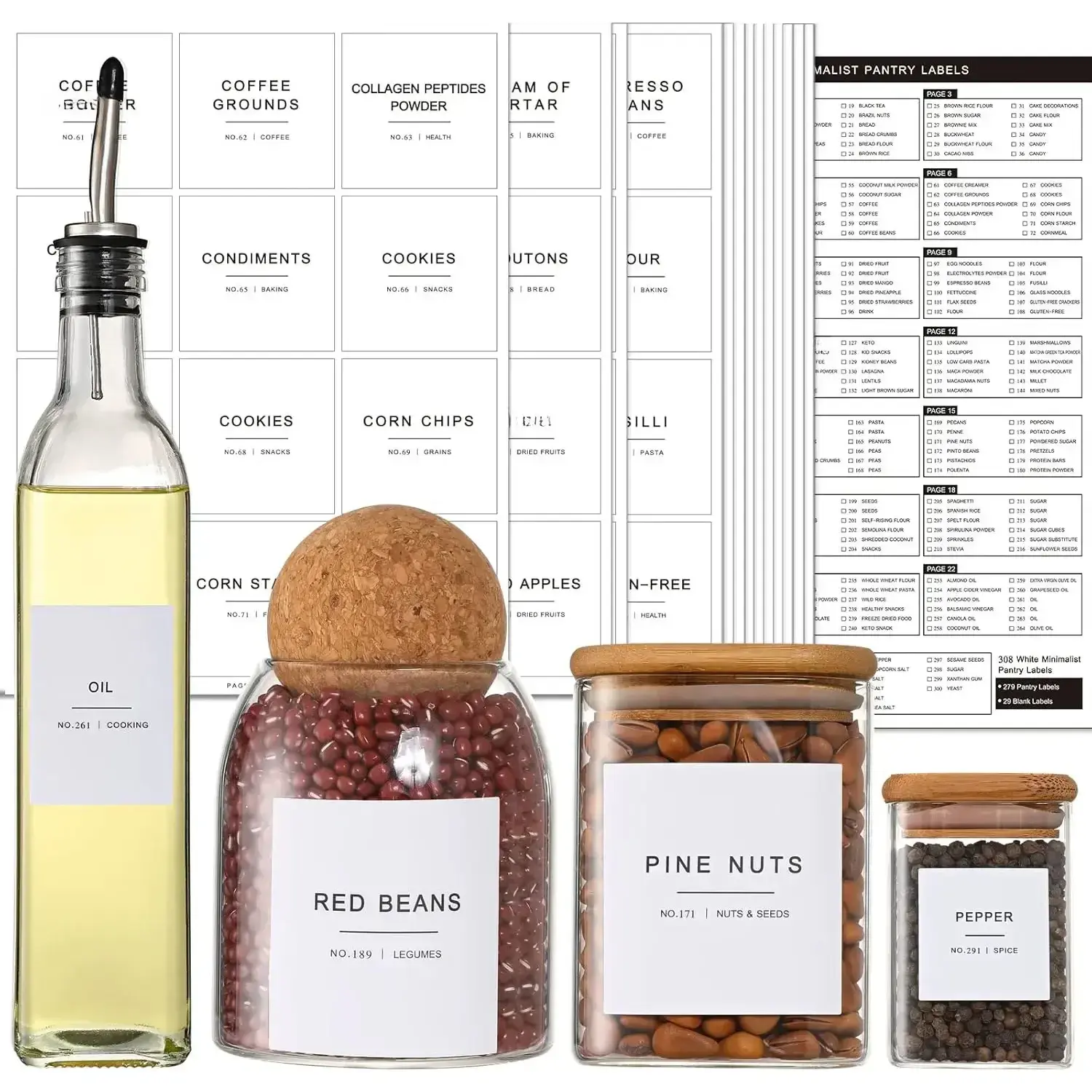 308 Kitchen Pantry Labels for Food Containers, 3 Sizes White Minimalist Labels for Organizing, Food Label for Jars, Storage Bins, Preprinted Waterproof Pantry Label for Containers