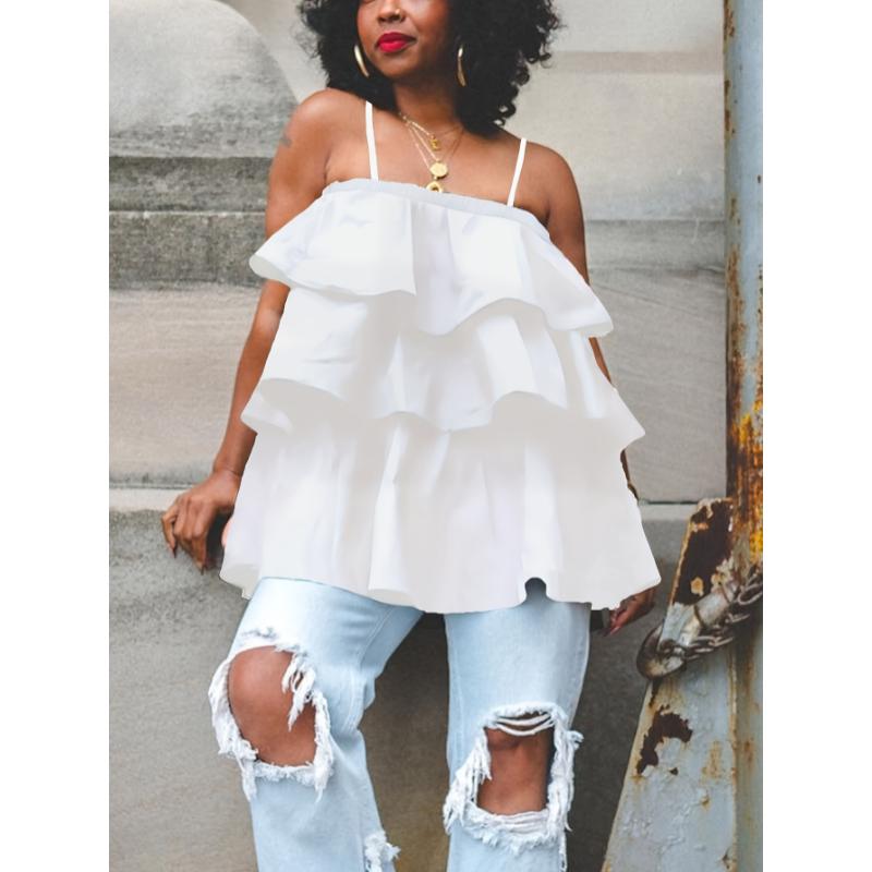 Elegant Plus Size Womens Sleeveless Tiered Ruffle Cami Top - White Layered Peplum Design, Non-Sheer Fabric, Hand Washable, Perfect for Casual or Chic Outfits, Versatile Layering Piece | Voluminous Blouse | Nonstretch Fabric