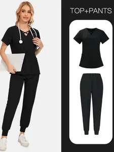 Womens Short Sleeve Long Pants Scrub Uniform Nursing Home Beauty Dental Clinic Surgery Room Nurse Outfit Comfortable Durable Workwear