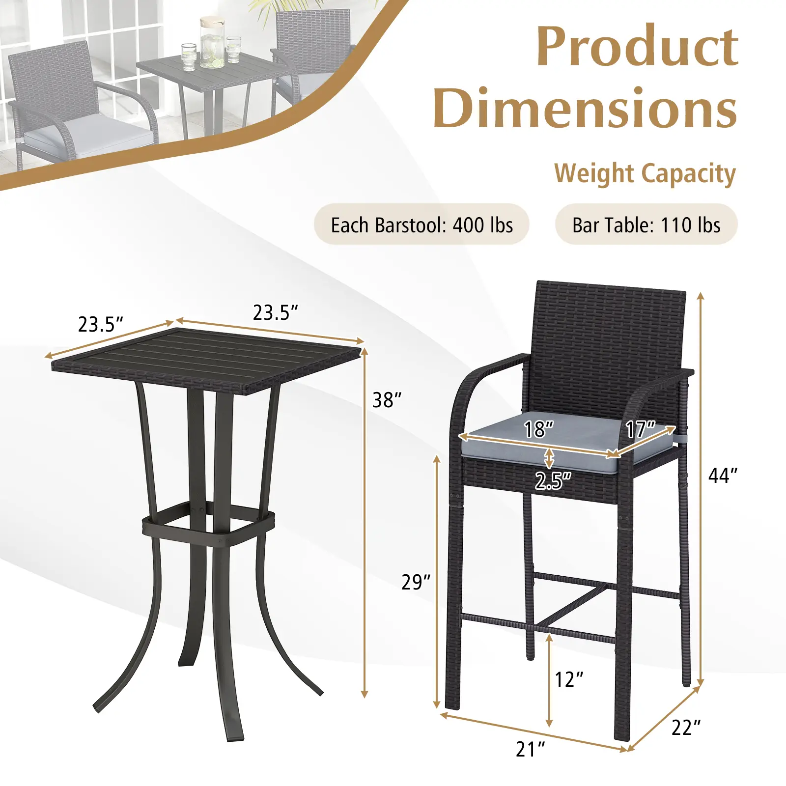 COSTWAY - 3-Piece Patio Wicker Rattan Bar Height Chairs and Square Table Set-Black