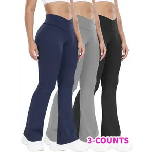 Stretchy 3-Pack High-Waisted Yoga Pants for Women - Nylon 75% Elastane 25% Flare Leg Sports Tights - All-Season Knit Fabric Workout Fitness Leggings with Tummy Control and Butt Lifting Design