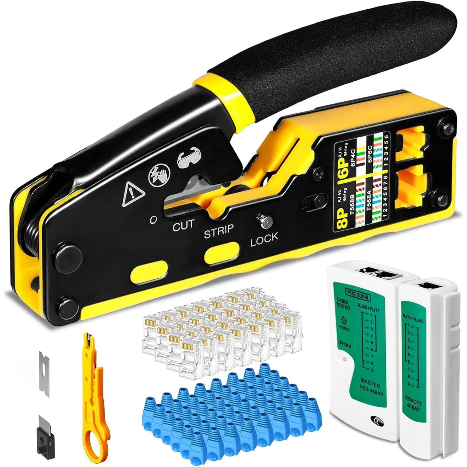 RJ45 Crimp Tool Pass Through Kit Ethernet  Cat5 Cat5e Cat6 Crimping Tool for RJ11/RJ12 6P/8P with Network Lan  Tester, 50 count Cat6 Connectors, 50 count Boots, Mini  Stripper