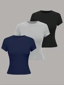 Women's Minimalist Solid Color Round Neck Fitted Tee, Casual Short Sleeve Crew Neck Basic T-shirt for Summer, Ladies Clothes for Everyday Wear Top, Womenswear Fabric