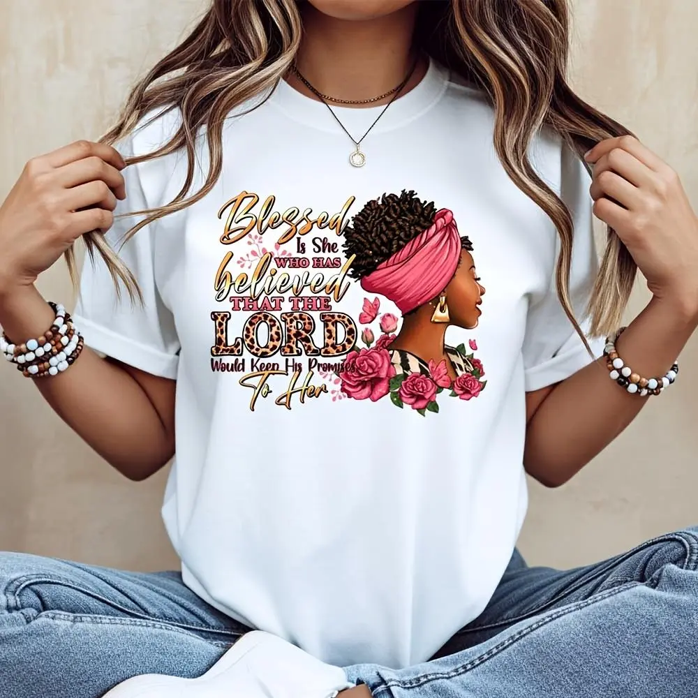 Blessed Is She Who Has Believed Floral African Woman Graphic, Neck Drop Shoulder T-Shirt, Christian Faith Religious Inspirational Quote Tee,