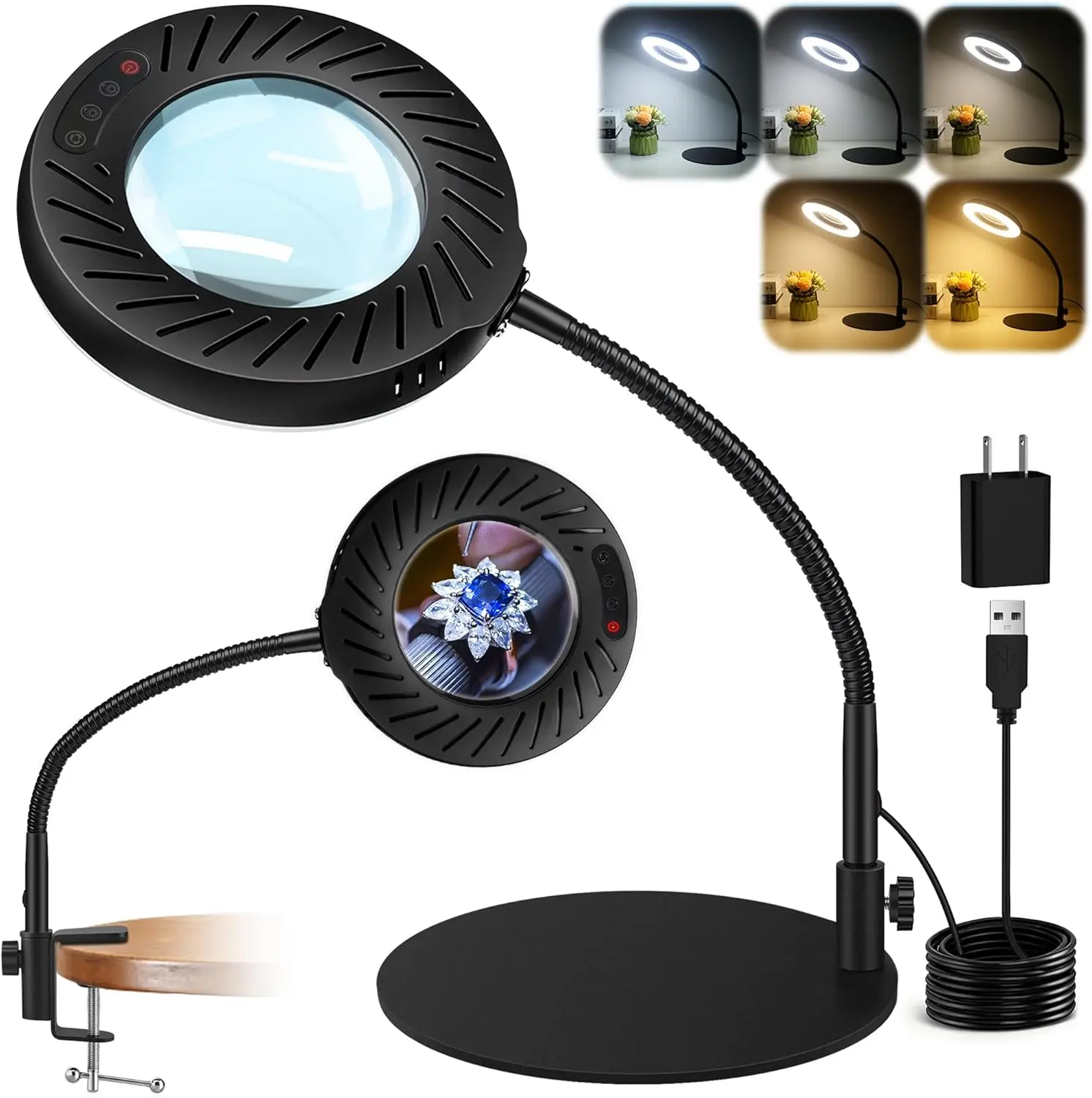 12X Magnifying with Light and Stand, 5 Color Modes, 9 Dimmable, Hands Free Gooseneck Magnifying Lamp, 2-in-1 LED Desk Lamp for Crafts Hobby Jewelry Sewing Reading Close Work