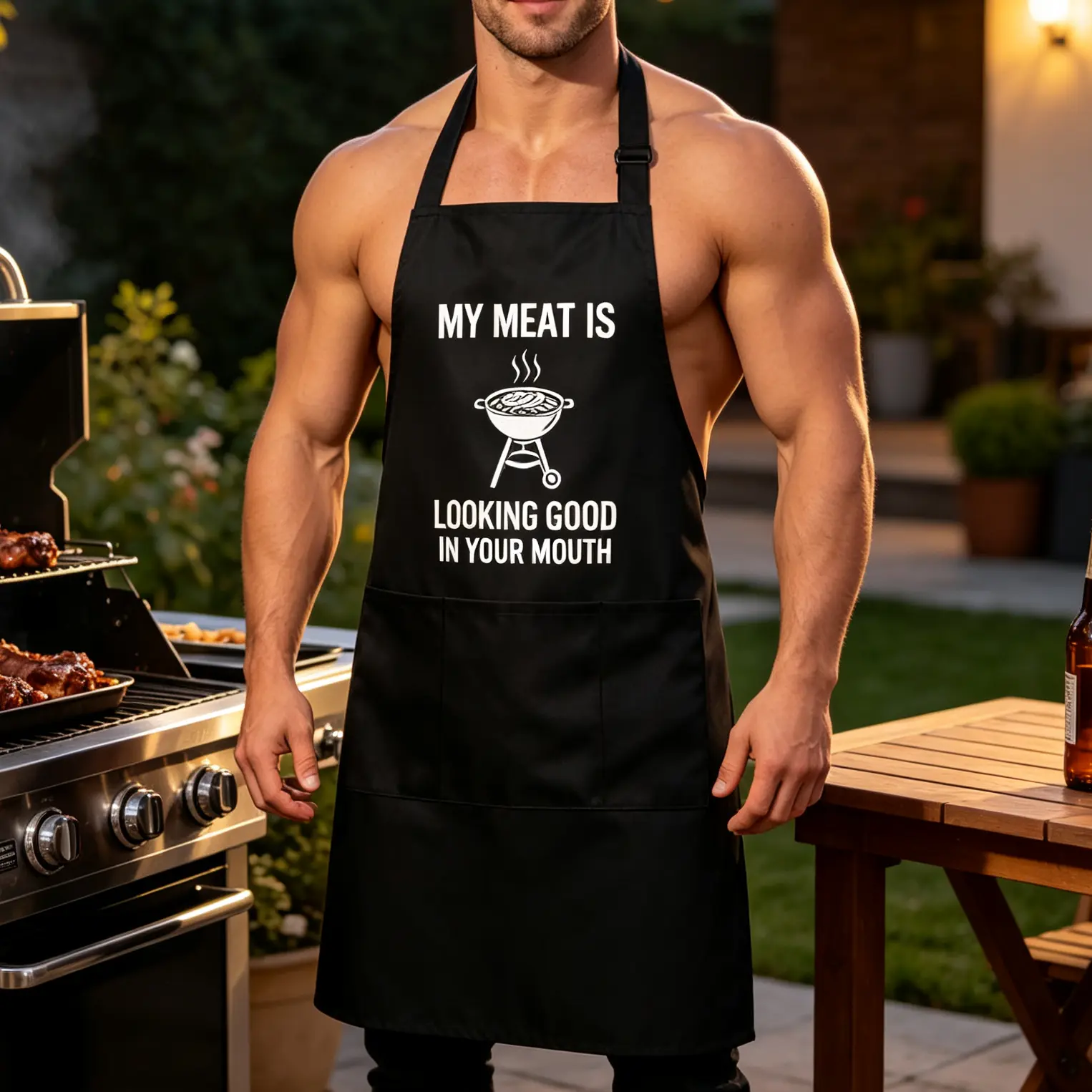My Meat Is Looking Good In Your Mouth Funny Grill Apron, Mens Novelty BBQ Cooking Apron, Hilarious Backyard Barbecue Gift