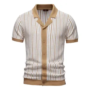 Mens Short Sleeve Knit Polo Shirt Striped Color Block Button Up Casual Business Fashion Breathable Textured Ribbed Slim Fit Summer Golf Polo Versatile Daily Wear