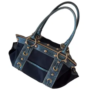 Y2K Vintage Canvas & Croc Embossed Leather Satchel Bag, Retro Studded Gold Hardware Top Handle Shoulder Purse, Versatile Everyday Casual Commute Handbag for Women