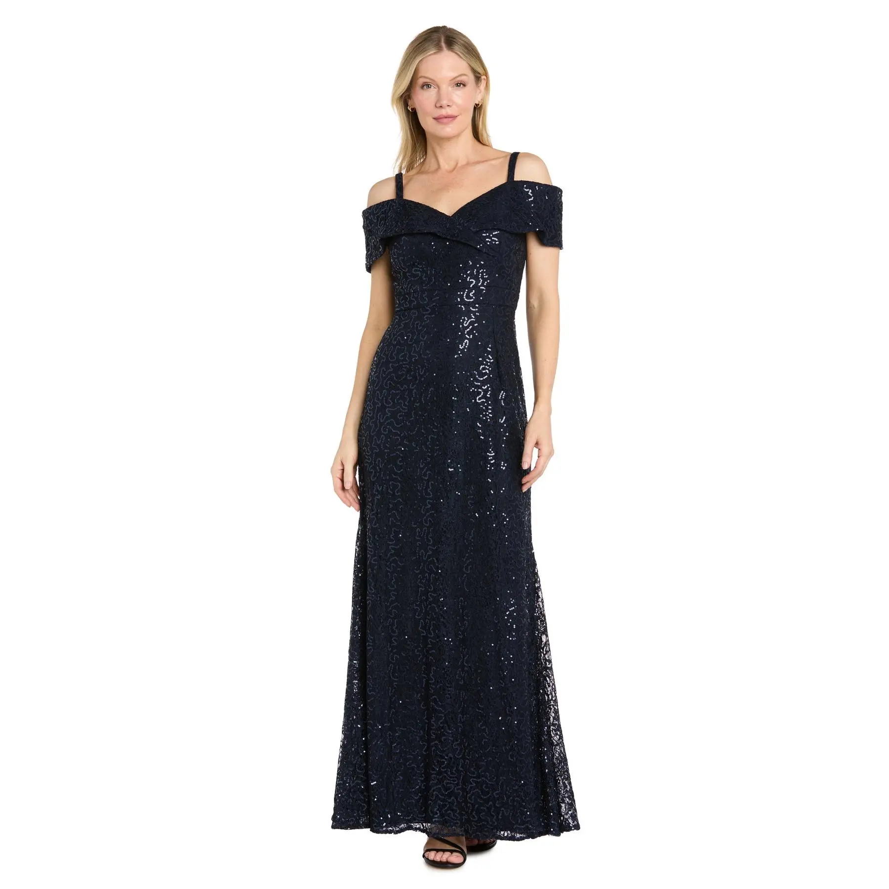 Portrait Collar Sequin Lace Mermaid Gown - Petite