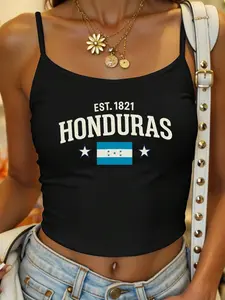 Women's Y2K Fitted Adjustable Spaghetti Strap Cami Tops, Est. 1821 Honduras Flag Retro Soccer World Cup Honduras National Team Heritage Football Fan World Spanish Flag Futbol Fanwear Graphic Crop Tank Vest Top Party Streetwear Casual Summer Novetly Outfit