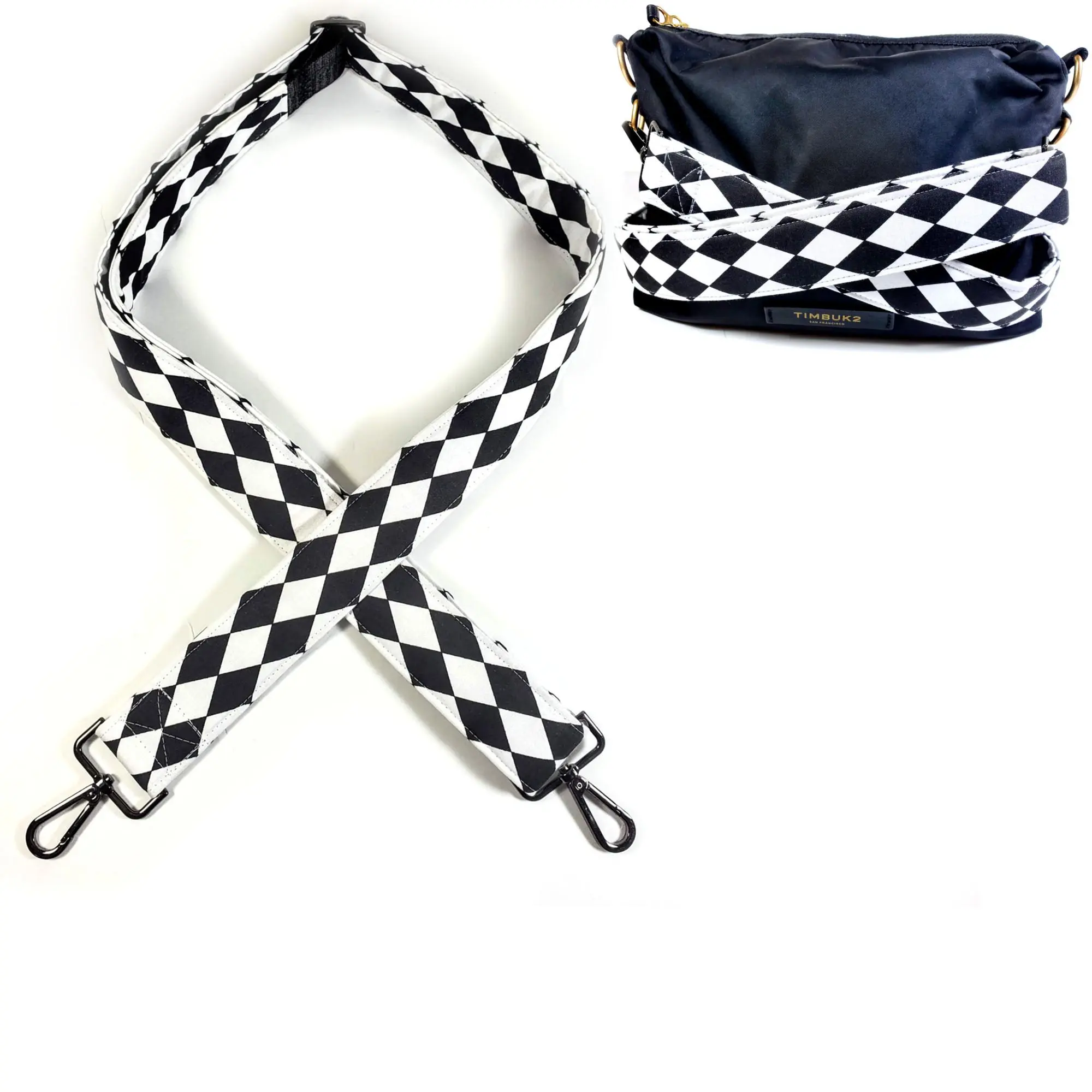 Black & White Diamond Cross Body Guitar Style Bag Strap - Checkered Guitar Style