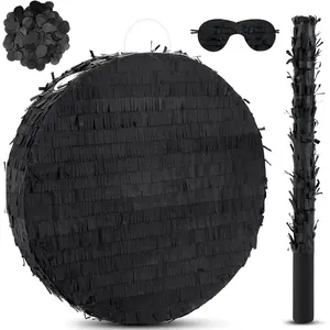 16 Inch Round Black Large Circle Blank Piñata with Stick, Blindfold and Confetti for Adults and Kids' Birthday Parties Game DIY Wedding Celebration Baby Shower Carnival Party Supplies