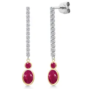 14K Two Tone Gold Red Ruby and Lab Grown Diamond Dangle Earrings for Women | 2.79 Cttw | Gemstone July Birthstone | Oval 7X5MM