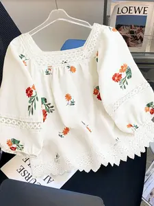 French Countryside Floral Embroidered Top, Blouse, Base with Flowers, Square Neck Lace Trim, Bubble Short Sleeves, Loose Fit Casual Shirt