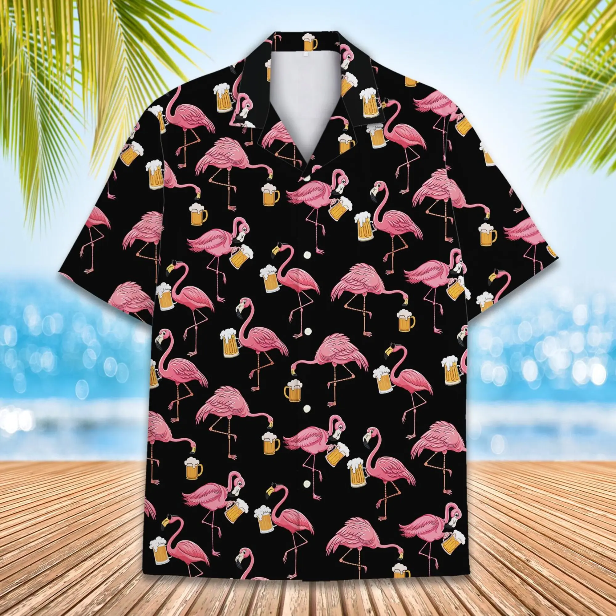 Flamingo And Beer Hawaiian Shirt For Men Women, Flamingo Button Up Shirt, Summer Aloha Short Sleeve Button Down, Mens Casual Shirt