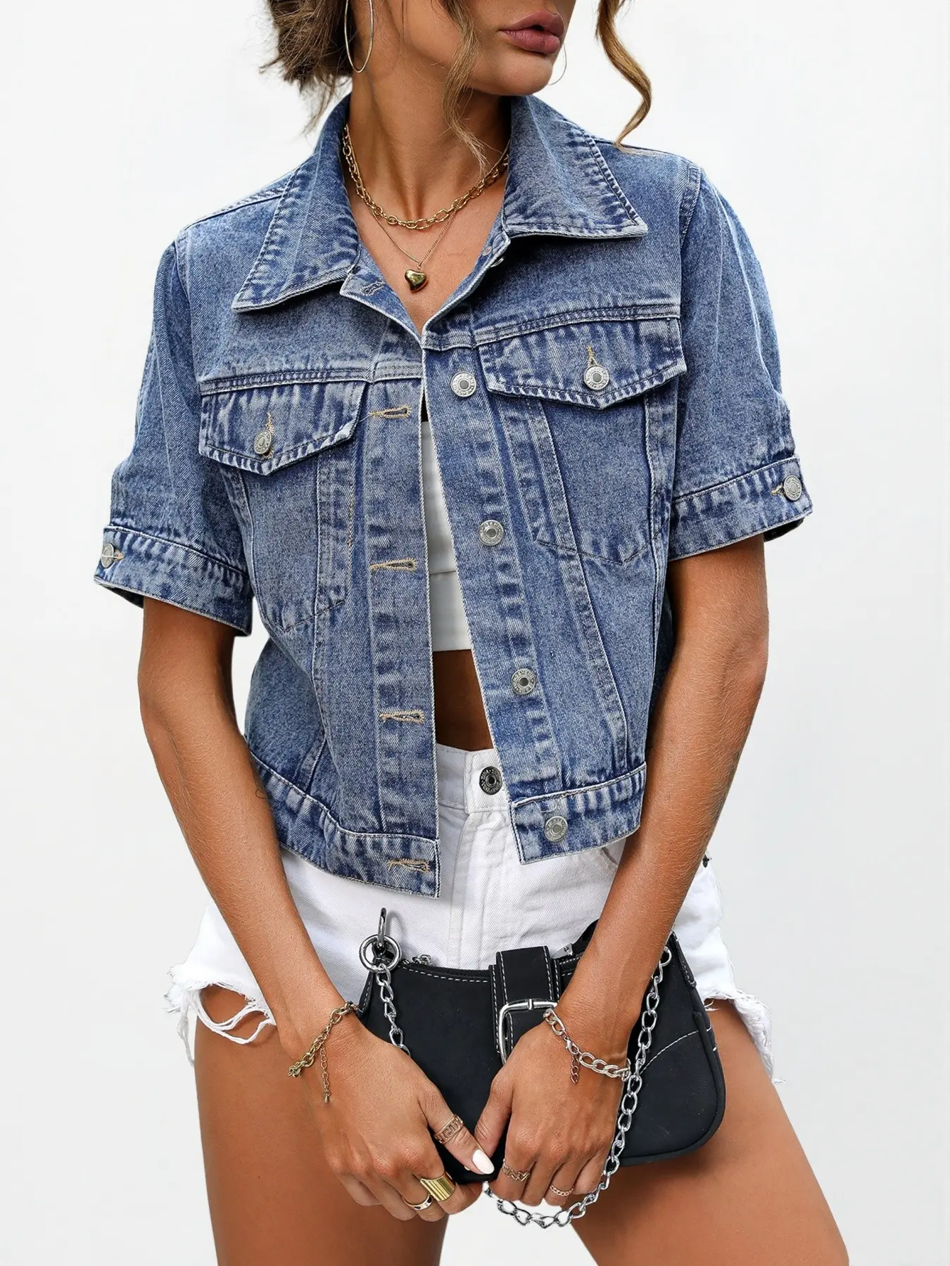 Women's Short Denim Jacket with Snap Button Pockets, short sleeve jean jacket women, short sleeve denim jacket, Summer Fashion Casual Outerwear, Ladies Stylish Clothing, Womenswear, Slim Fit, Tops, Fitted, Coats, Fashionable Jacket