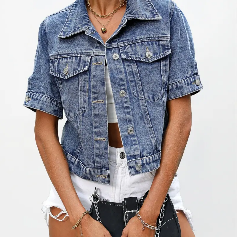 Women's Short Denim Jacket with Snap Button Pockets, short sleeve jean jacket women, short sleeve denim jacket, Summer Fashion Casual Outerwear, Ladies Stylish Clothing, Womenswear, Slim Fit, Tops, Fitted, Coats, Fashionable Jacket