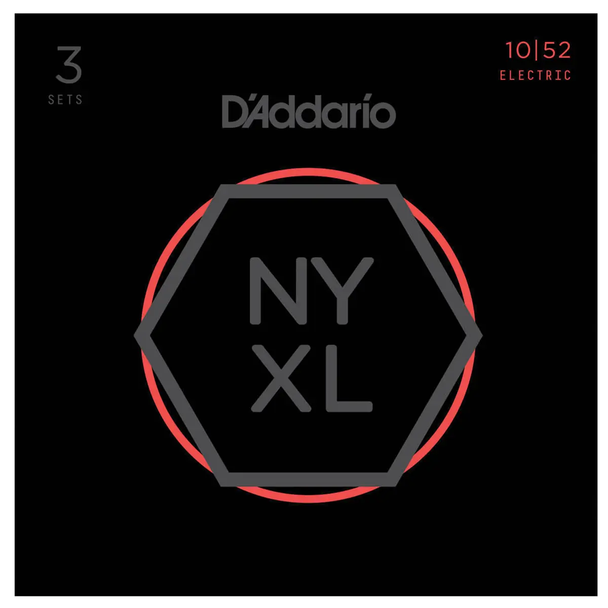 D'Addario NYXL1052 NYXL Nickel Wound Electric Guitar String Set, Light Top/Heavy Bottom, 10-52 Gauge, 3-Pack