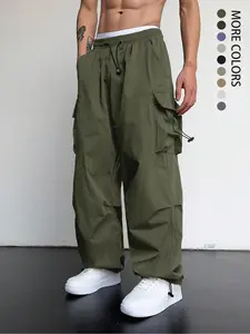 Men's Plain Pocket Drawstring Waist Cargo Pants, Loose Casual Wide Leg Trousers, Men's Bottoms, Spring Pants for Men, Drippy Outfits, Summer Outfits 2024, Going Out Outfits, Casual Streetwear Trousers