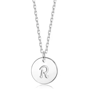FINREZIO 1 Pc Silvery Exquisite Letter R 925 Sterling Silver Initial Necklace for Women Men Classic Round Disc Engraved Letter Pendant Necklace for Daily Wear Exquisite Personalized Alphabet Charm Pendant Necklace