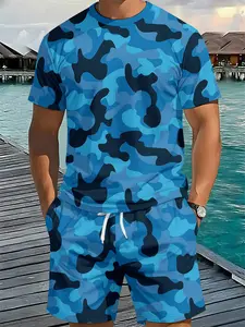 Men's 3D Digital Printed Ocean Camouflage Two-Piece Set, 2Pcs, Trendy and Fashionable Set, Trendy Retro Casual Two-Piece Set, Vacation-style Tropical Trendy Outfit, Breathable Sports and Casual Style, a Perfect Holiday Gift for Men