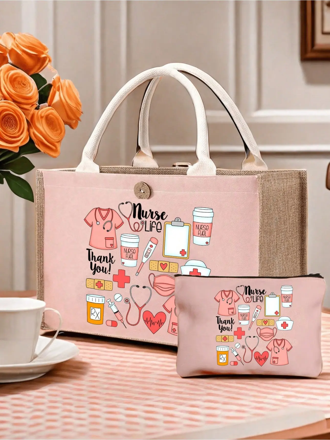 Pink canvas tote & makeup bag set with linen splicing, printed with stethoscope, heart, syringe patterns, durable & lightweight, multi-purpose for work, travel and daily use, ideal gift for nurses, graduation and festivals, Cosmetic Travel Bags