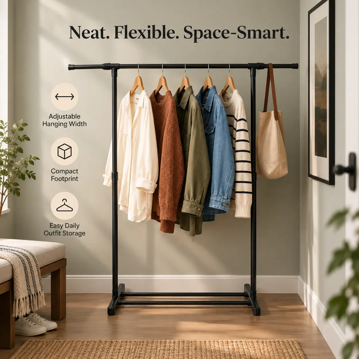 Adjustable Clothes Rack, Extendable Clothing Rack, Freestanding Metal Garment Rack for Bedroom, Closet & Laundry Room, Black