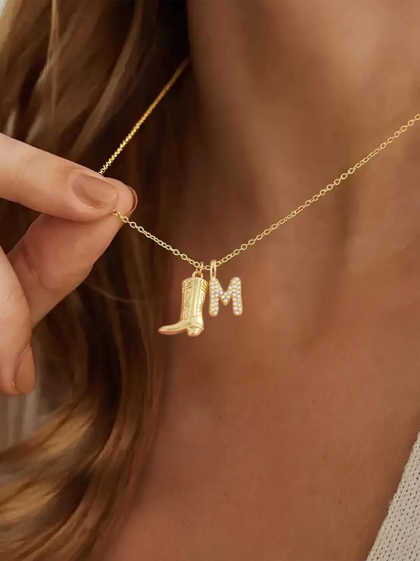 Western Cowboy Boots Zirconia Accents Bubble Letter Charm Cowboy Boot Design Pendant Necklace , Classic Stainless Steel Chain for Women, Elegant All Seasons Jewelry, Costume Jewelry Necklace, Cubic Zirconia Necklaces